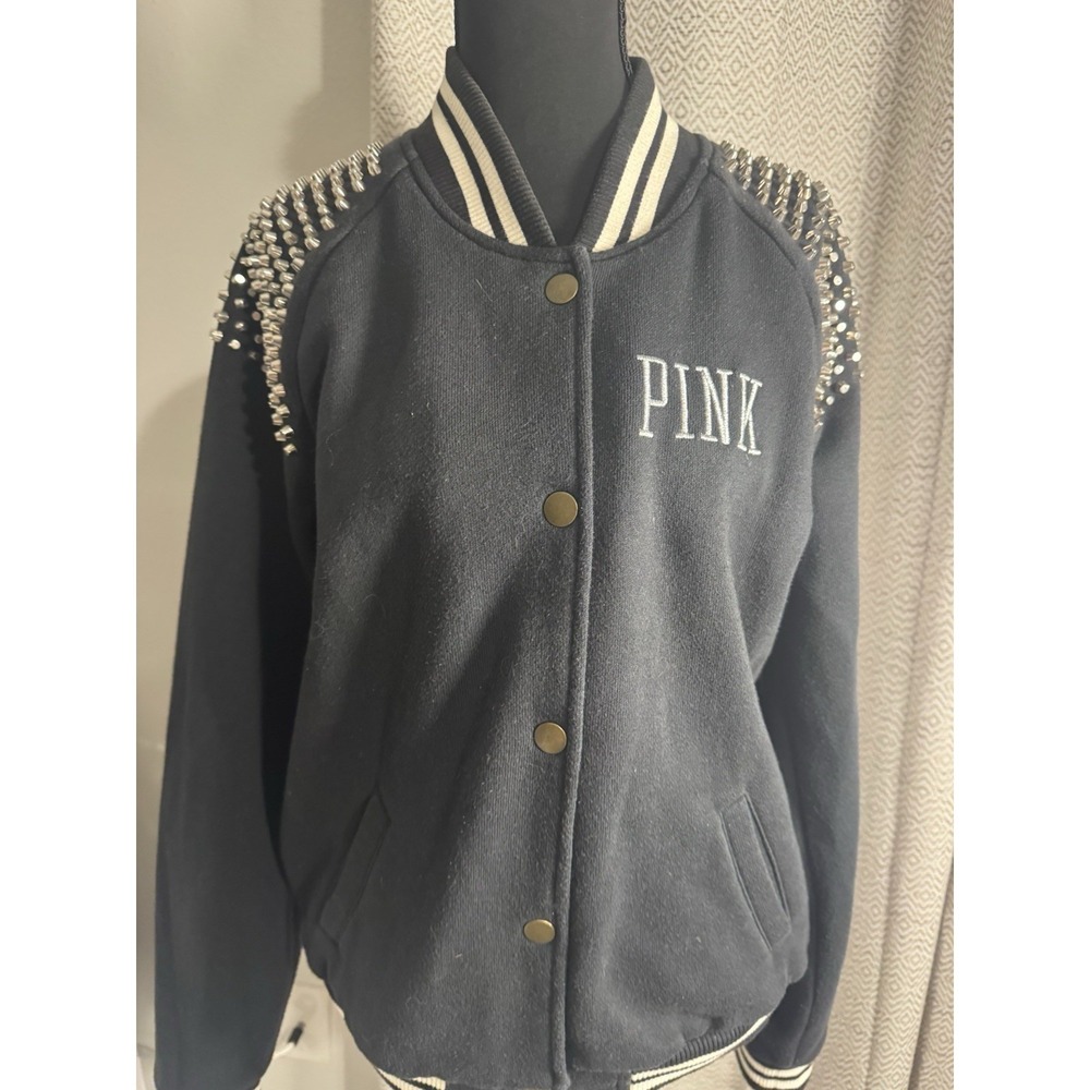 RARE Victorias Secret PINK Womens Medium Black Varsity Jacket Studded Button UP